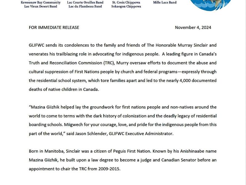 Hon. Murray Sinclair press release